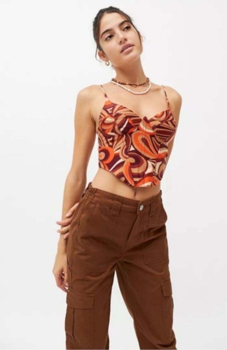 Urban Outfitters Karissa Swirl Print Retro Hippie Brown & Orange Bustier Top